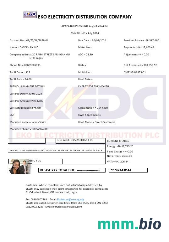 Nigeria Eko Electricity Distribution Company (EKEDC) szablon rachunku za media Biznesowe w formatach Word i PDF